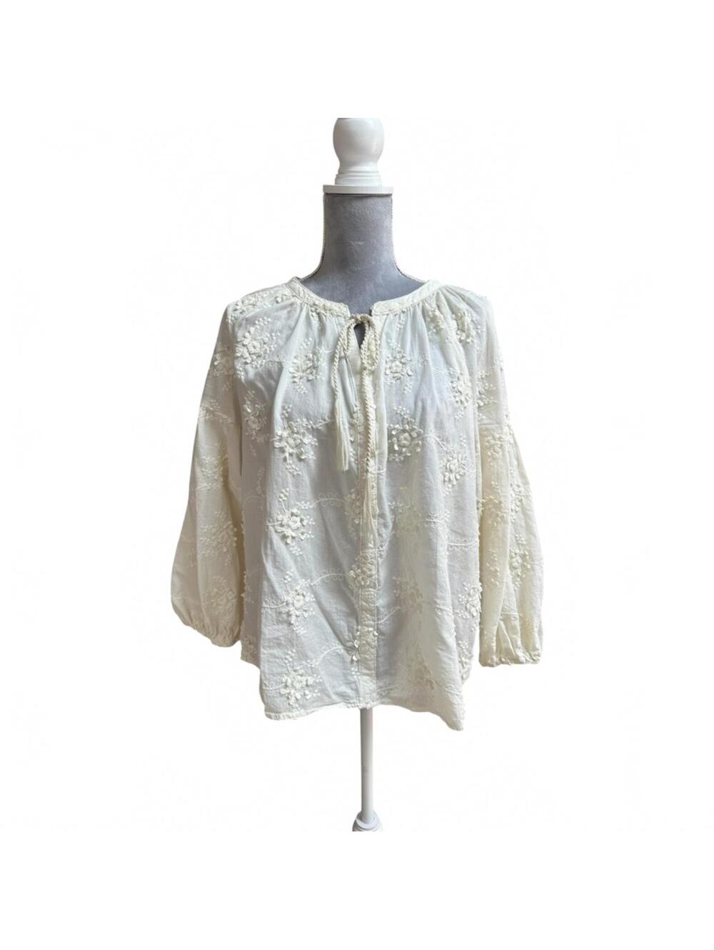 Driftwood Embroidered Peasant Blouse 100% Cotton Boho Top Cream Women's XS